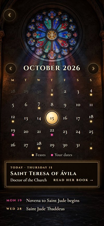 Monthly calendar with feast days and personal dates beneath a colored rose window