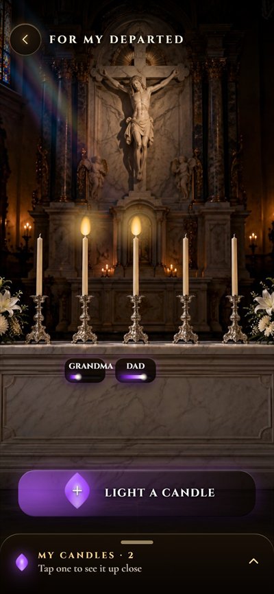Altar for the departed: lit candles bearing each loved one's name