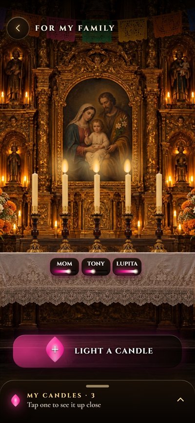 Family altar: a golden altarpiece with a candle for mom, for Tony and for Lupita