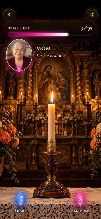 Sample family candle, dedicated to mom, burning on the family altar