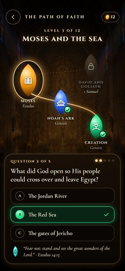The Path of Faith game: levels with icons for Creation, Noah's Ark and the tablets of Moses, and a question about the Red Sea