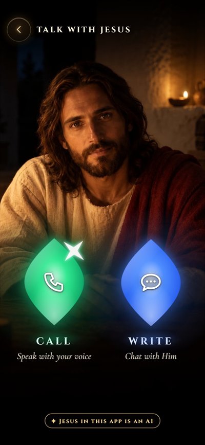 The app's Talk with Jesus screen: Jesus seated at a candlelit table and two almonds of light, Call and Write