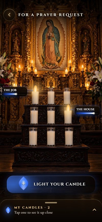 Prayer requests altar with Our Lady of Guadalupe and lit votive candles, each with its label