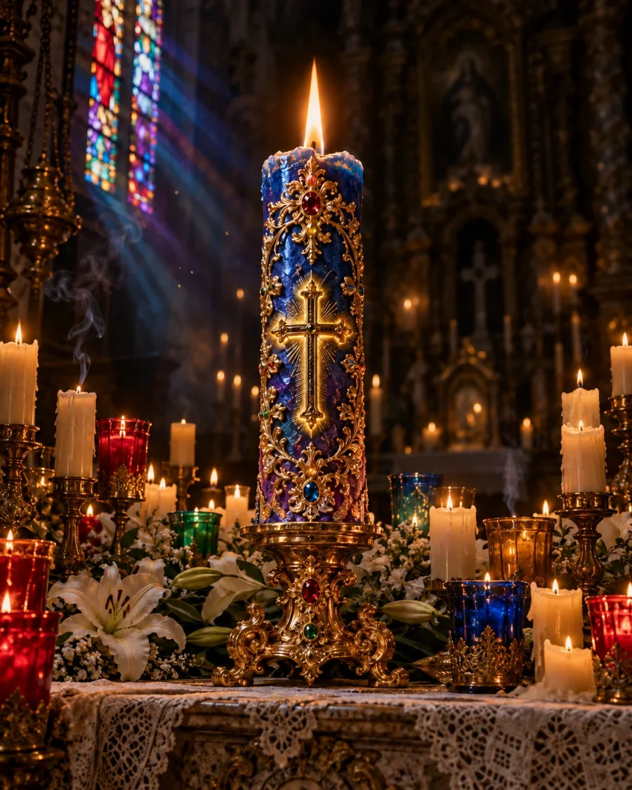 Altar de iglesia lleno de velas, con una vela central azul y dorada que lleva una cruz y piedras de colores, iluminada por la luz de un vitral